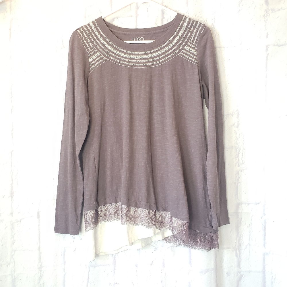 LOGO Lori Goldstein Embroidered Lace Trim L/S Tee Small